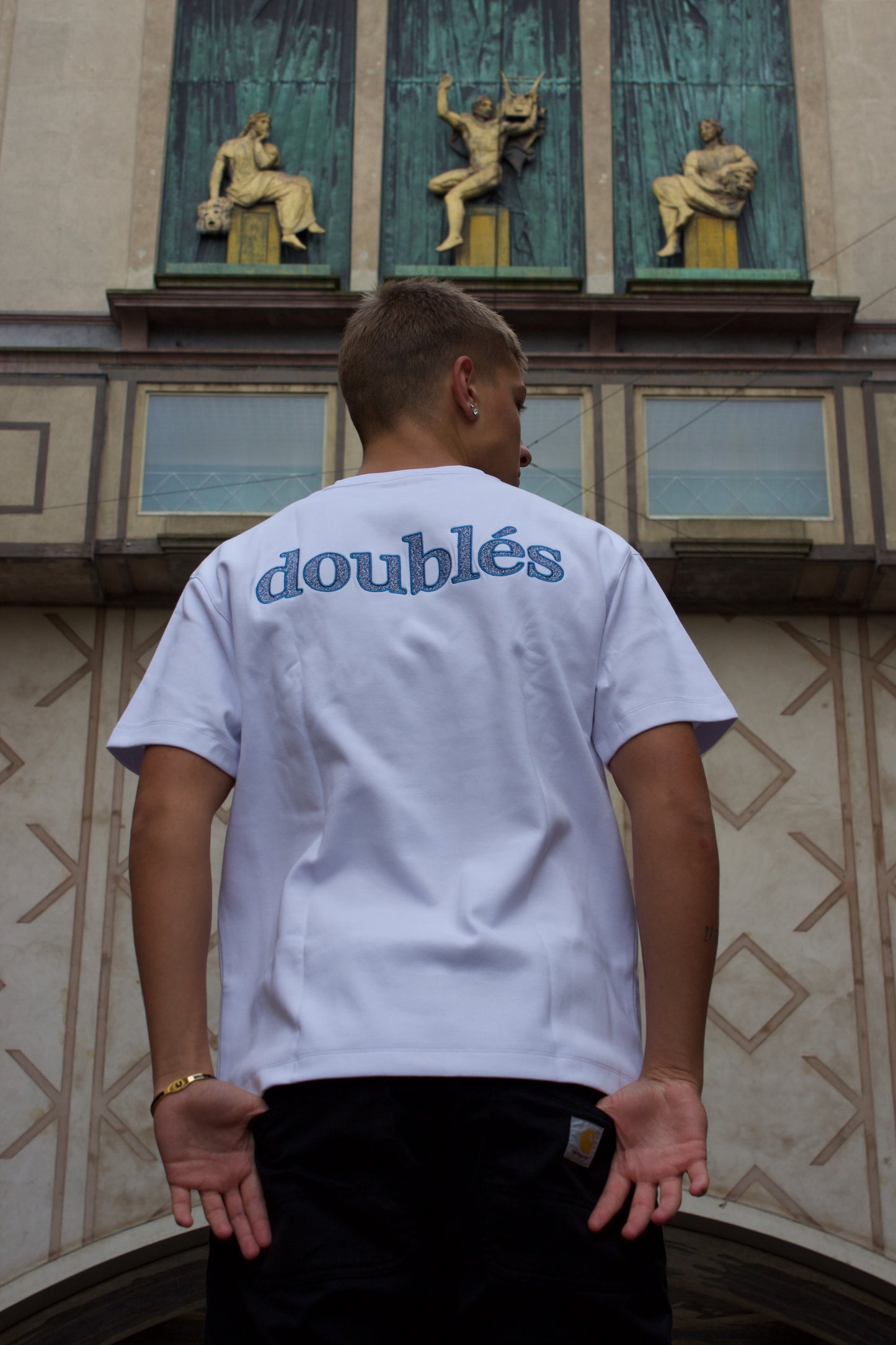 Heavyweight T-Shirt with Blue Logo - White