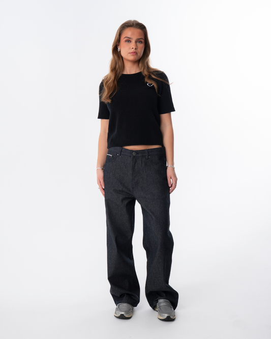 Short Sleeve Merino Knit Small Collar - Black