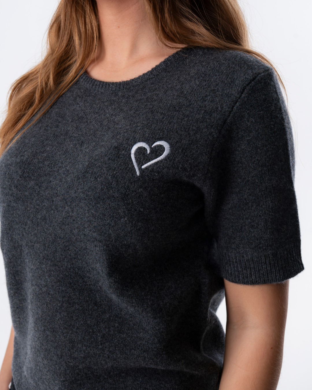 Short Sleeve Merino Knit Small Collar - Dark Grey