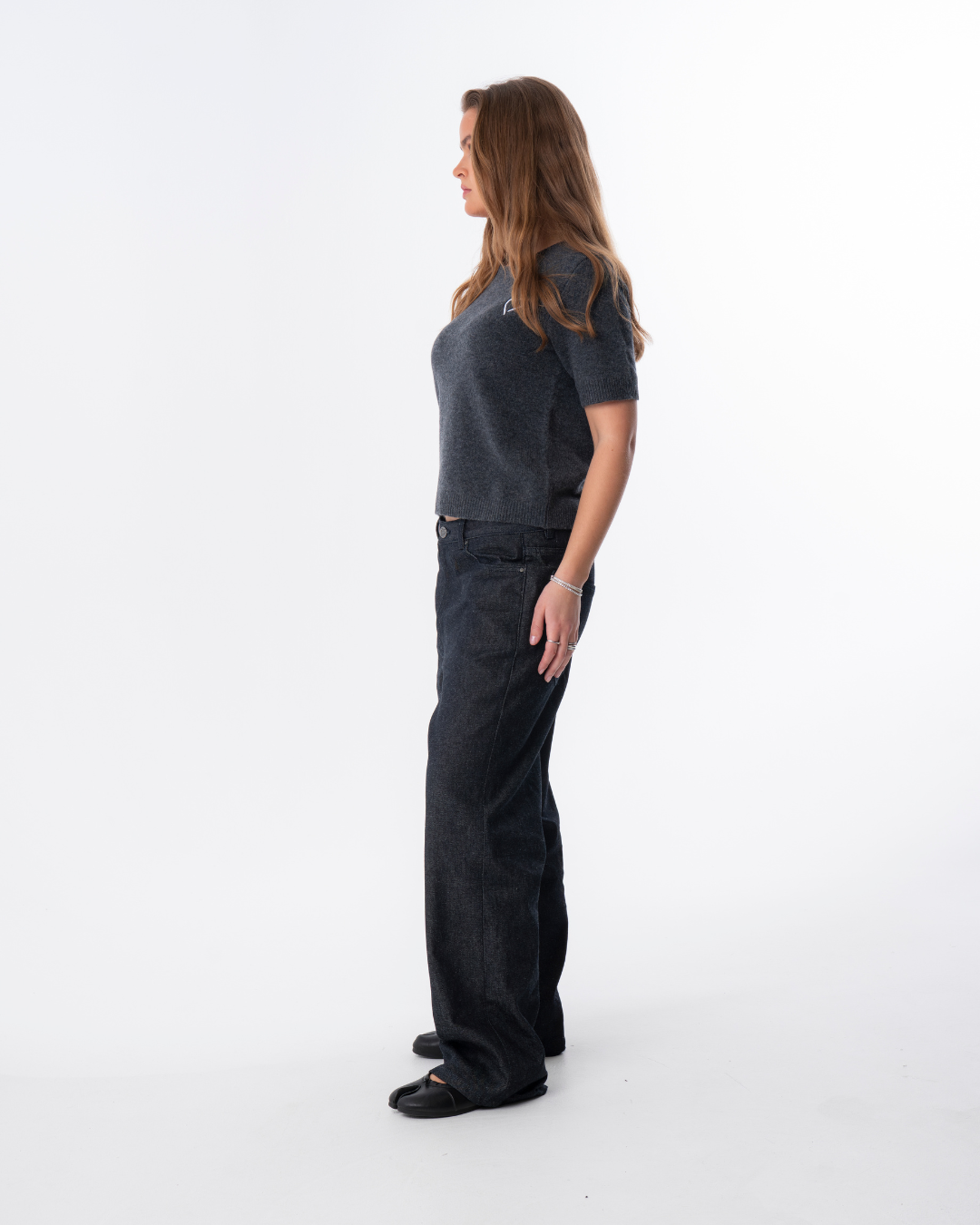 Short Sleeve Merino Knit Small Collar - Dark Grey